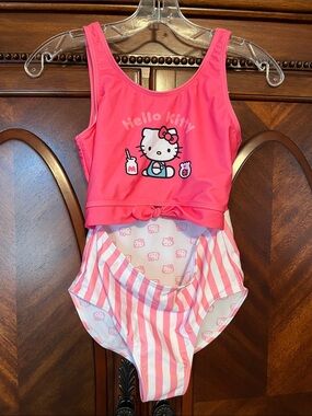 Hello Kitty Hot Pink and White Striped Girls Swim Suit